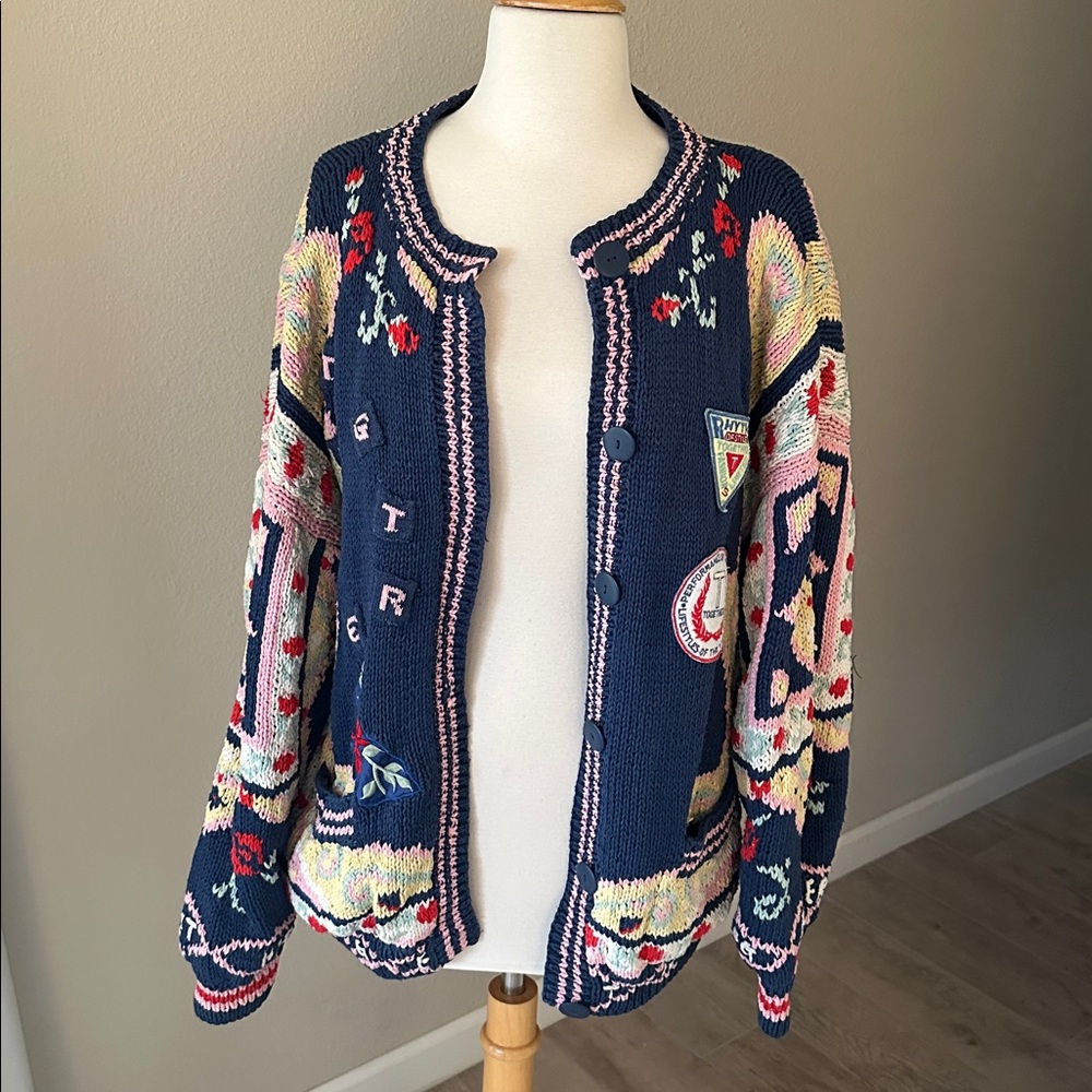 90s Together! Sweater Blue Yellow Knit Embroidered Button Up Cardigan - Picture 2 of 14